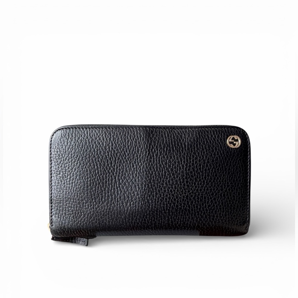 Gucci Interlocking G Zip Around Long Wallet Black Leather Gold Hardware